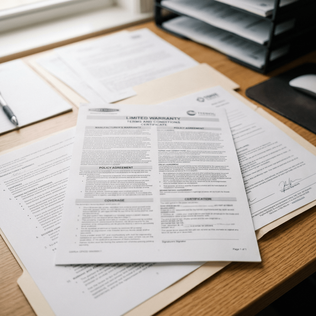 Limited warranty terms and conditions document on desk with folders and pen